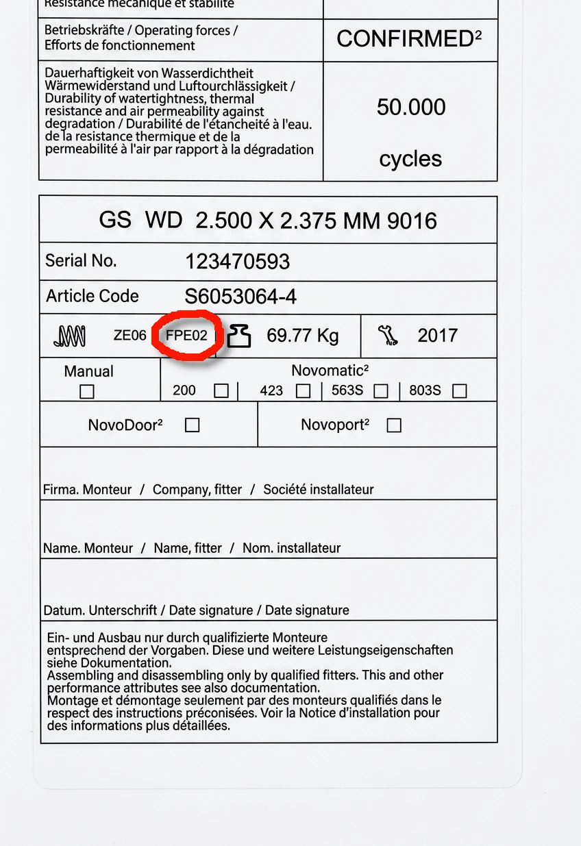 Novoferm lodret trækfjederdataplade
