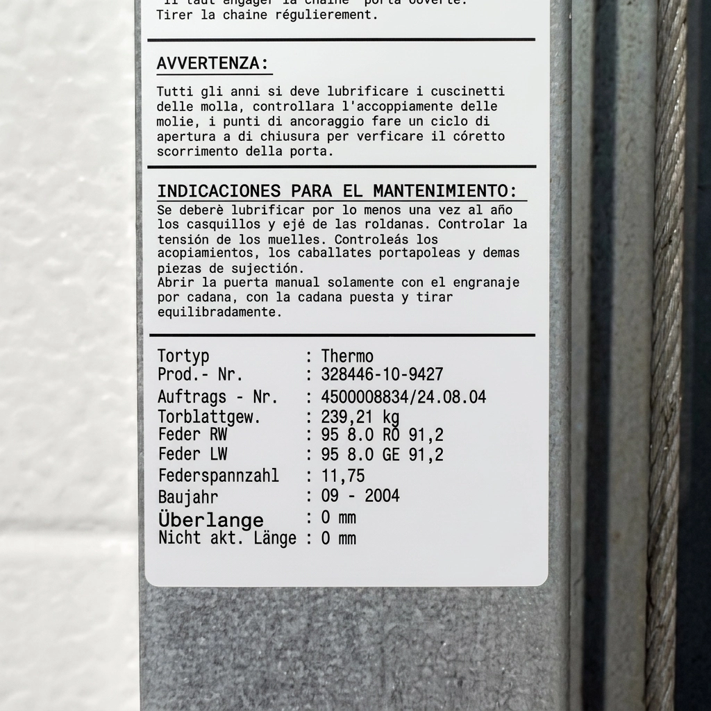 Novoferm industriel torsionsfjederdataplade